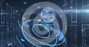 Image of moving clock over globe and data processing