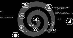 Image of moving ecology icons and data processing on black background
