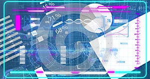 Image of moving graphs, dna helix, map and programming data over graphical infographic interface
