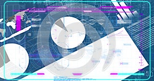 Image of moving graphs, dna helix, map and programming data over graphical infographic interface