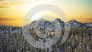 An image of Mt Baker in the North Cascade Mountains covered in snow witha setting sun photo