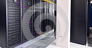 Image of multicolored computer language over data server racks in server room
