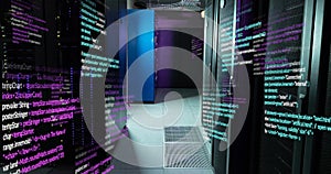 Image of multicolored computer language over data server room