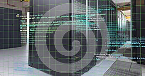 Image of multicolored computer language over data server room