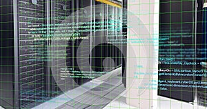 Image of multicolored computer language over data server room