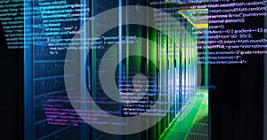 Image of multicolored computer programming language over data server room