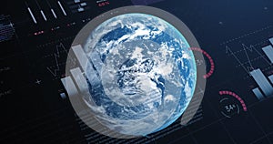 Image of multicolored infographic interface over rotating globe against space