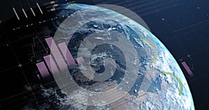 Image of multicolored infographic interface over rotating globe against space