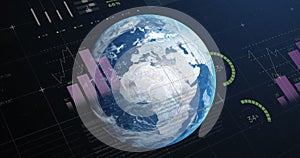 Image of multicolored infographic interface over rotating globe against space