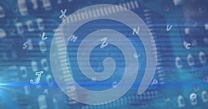 Image of multiple alphabets floating over close up of a computer server