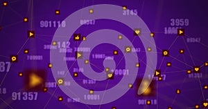 Image of multiple changing numbers and network of digital icons against purple background