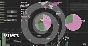 Image of multiple changing numbers and statistical data processing against grey background