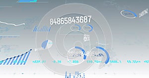 Image of multiple changing numbers and statistical data processing against grey background