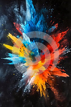 Image in multiple colors including red blue and yellow splatters its vibrant hues across canvas that is mostly black photo