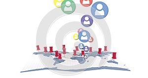 Image of multiple colourful digital social media people icons over world map with red location pins