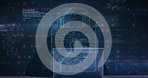 Image of multiple computer screens, online security padlock over hacker using computer