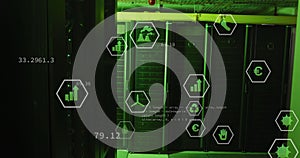 Image of multiple digital icons and data processing against computer server room