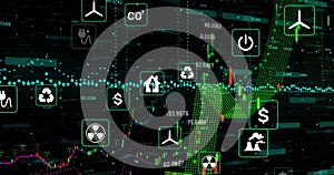 Image of multiple digital icons and financial data processing against black background