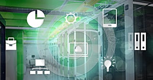 Image of multiple digital icons and light spots against computer server room