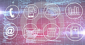 Image of multiple digital icons over data processing and grid