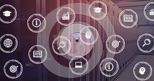 Image of multiple digital icons and round shape in seamless pattern against computer server room