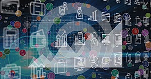 Image of multiple digital icons and statistical data processing against blue background