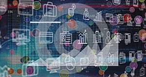 Image of multiple digital icons and statistical data processing against blue background