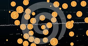 Image of multiple dollar symbols over financial data processing against black background