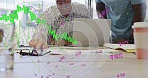 Image of multiple graphs, changing numbers over diverse coworkers discussing reports in office