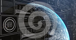 Image of multiple graphs, loading circles and bars with changing numbers over rotating globe