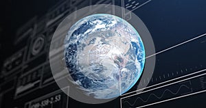 Image of multiple graphs, loading circles and bars with changing numbers over rotating globe