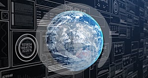 Image of multiple graphs, loading circles and bars with changing numbers over rotating globe