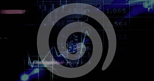 Image of multiple graphs over dots forming abstract pattern, numbers and map