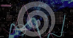 Image of multiple graphs over dots forming abstract pattern, numbers and map