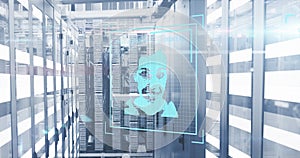 Image of multiple profile icons and data processing against light trails over server room