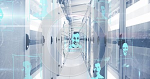 Image of multiple profile icons and data processing against light trails over server room