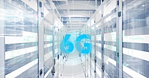 Image of multiple screens with data processing against light trails over computer server room