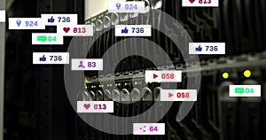 Image of multiple social media icons against close up of a computer server