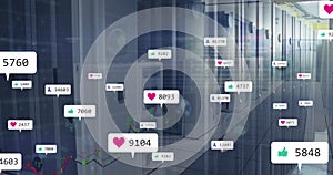 Image of multiple social media icons and data processing against computer server room
