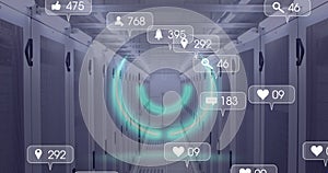 Image of multiple social media icons and round neon scanner against computer server room