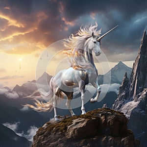 image of a mystical unicorn standing on a mountaintop, its mane flowing in the wind by AI generated
