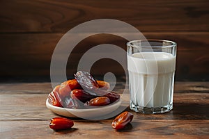 Image Neat arrangement of dates next to a glass of milk on the kitchen table