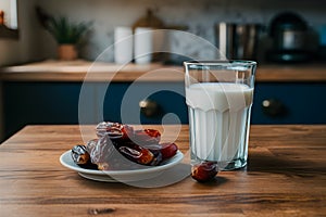 Image Neat arrangement of dates next to a glass of milk on the kitchen table