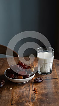 Image Neat arrangement of dates next to a glass of milk on the kitchen table