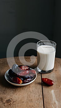 Image Neat arrangement of dates next to a glass of milk on the kitchen table