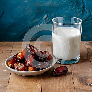 Image Neat arrangement of dates next to a glass of milk on the kitchen table