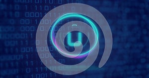 Image of neon circle with battery over digital screen with binary code