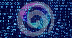 Image of neon circles over digital screen with binary code