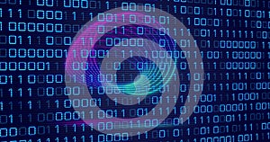 Image of neon circles over digital screen with binary code