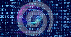 Image of neon circles over digital screen with binary code